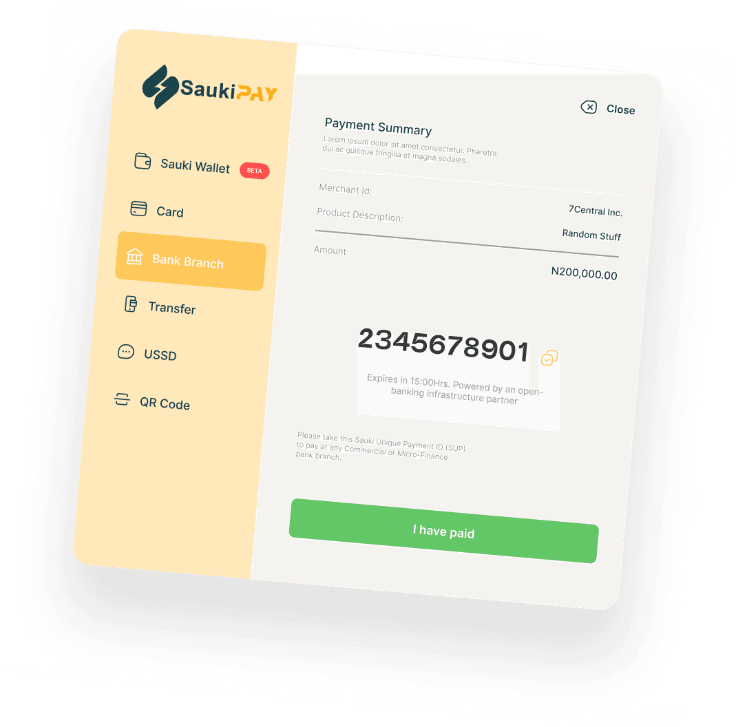 SaukiPAY bank transfer and wallet payment screens