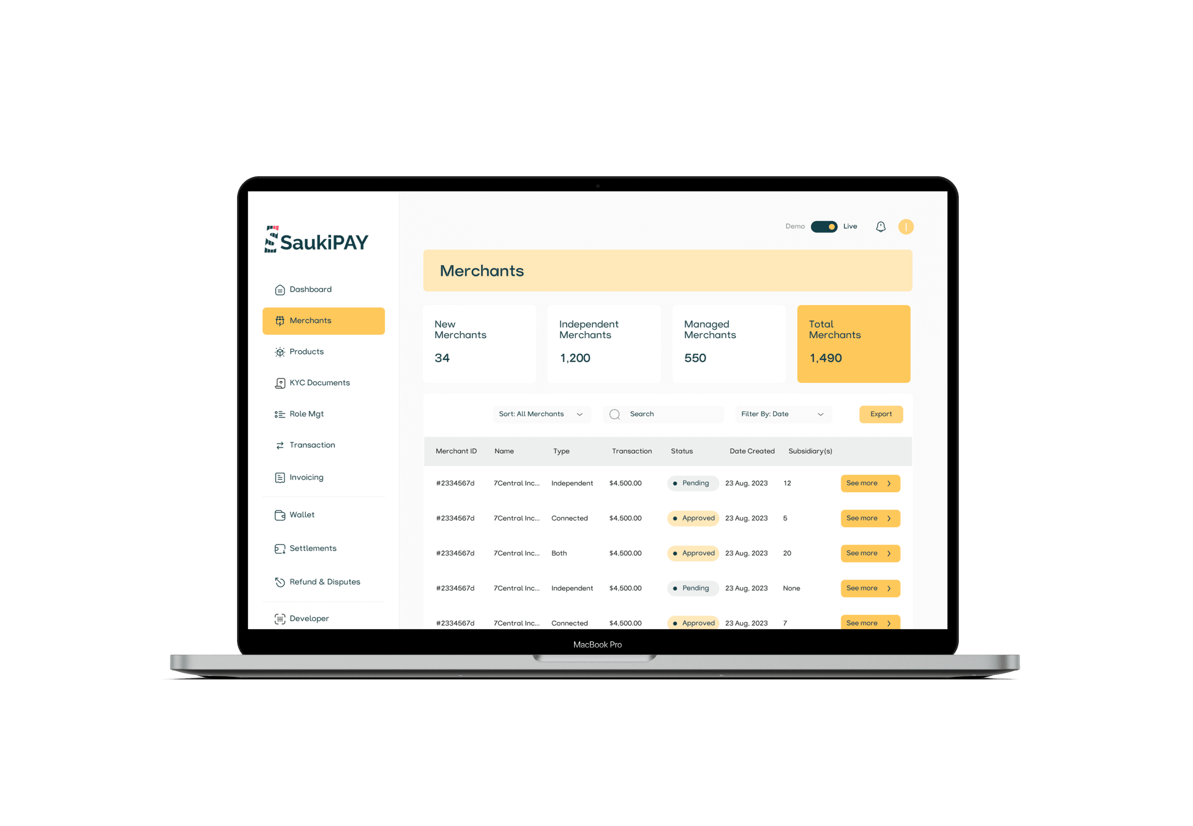 SaukiPAY merchant dashboard shown on a laptop